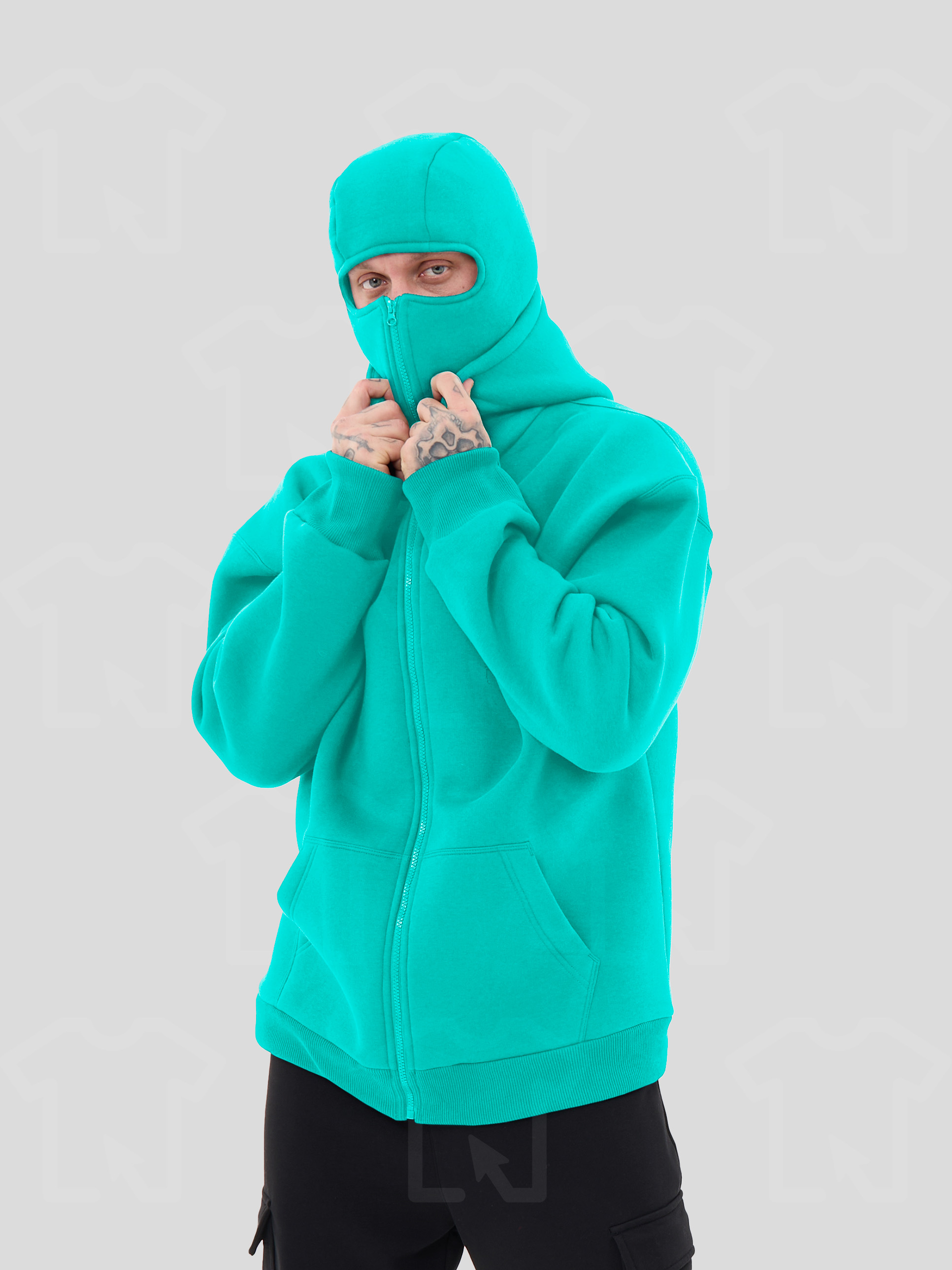Худи Oversize BALACLAVA ZIP (на молнии) Премиум с начесом, цвет: тиффани